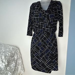 White House Black Market Black/White/Blue Squares Dress XS